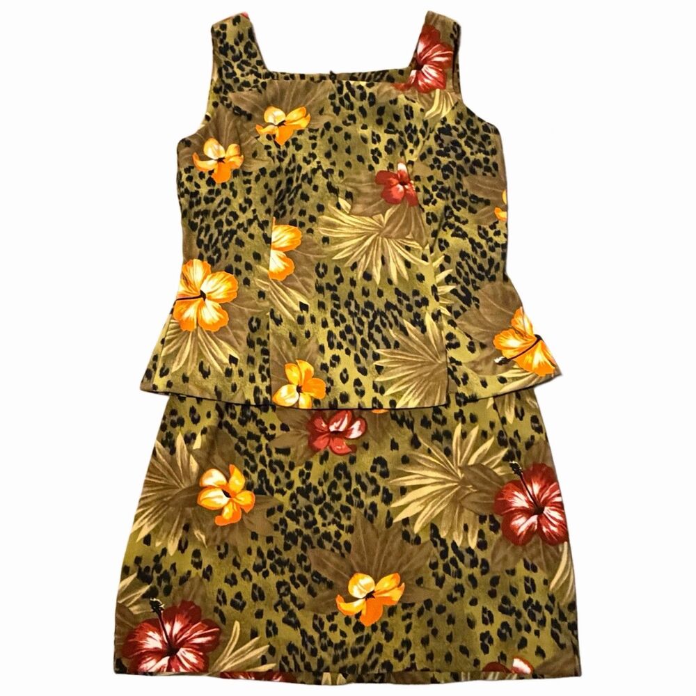 Vintage Skirt Top Set Dress Barn Tan Jungle Theme Animals Tropical Womens Size 8